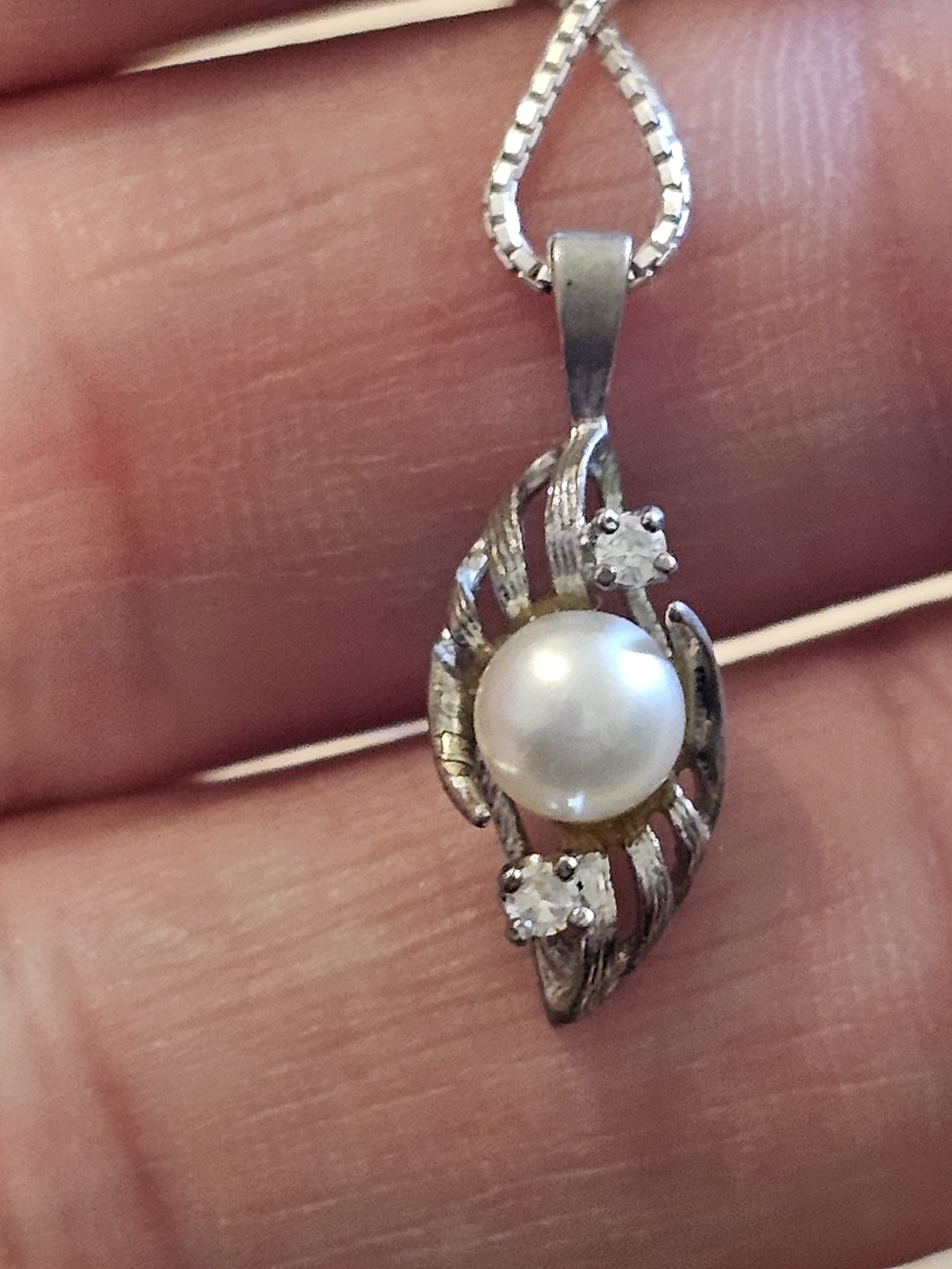 Vintage QGI Italy 925 Sterling Silver Box Chain Necklace w/ Pearl & CZ Pendant